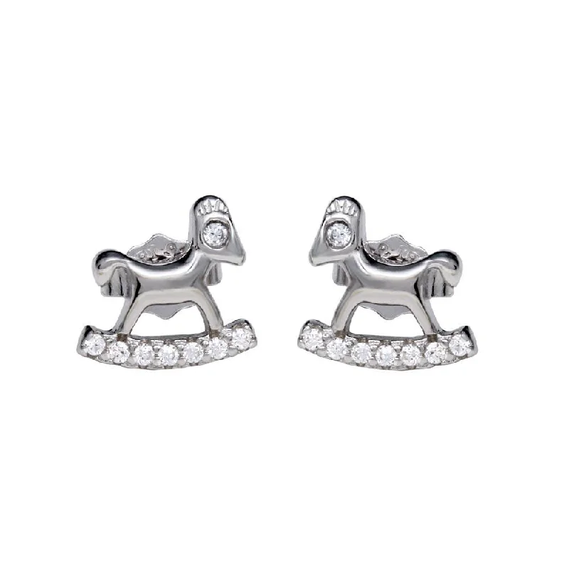 custom-made earrings for women -Rhodium Plated 925 Sterling Silver Rocking Horse Stud Earrings with CZ - STE01159RH