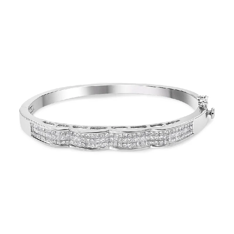 14K White Gold 3 1/3 Cttw Invisible Set Princess-Cut Diamond Wave Bangle Bracelet