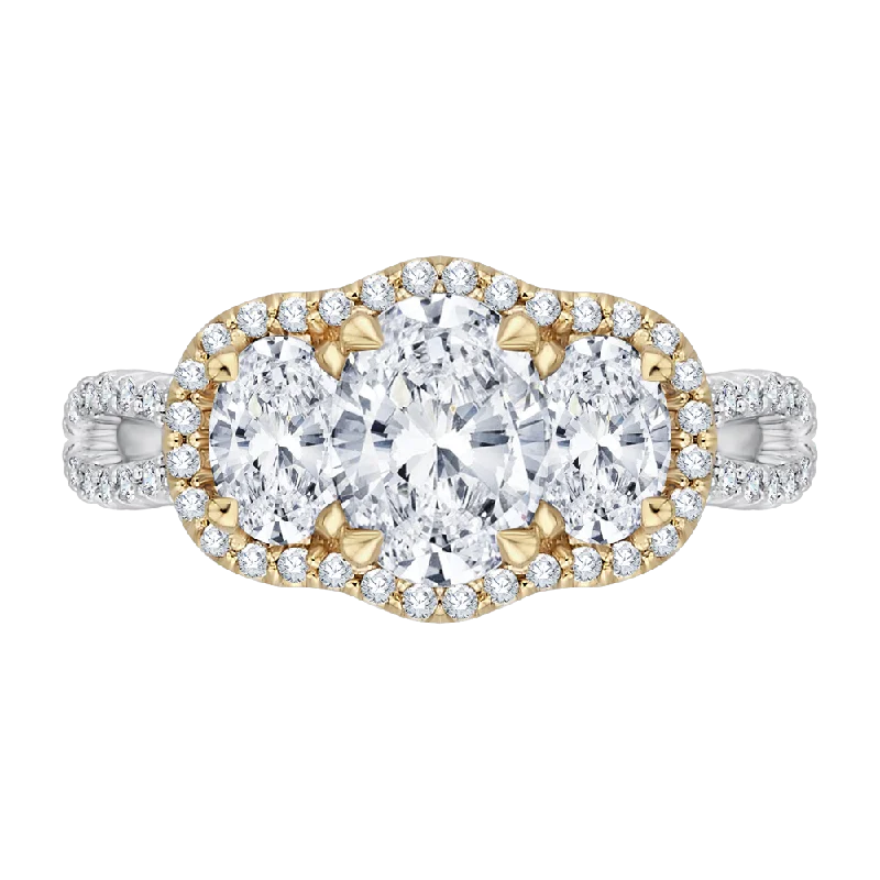 cubic zirconia engagement rings -14K Two Tone Gold Oval Cut Diamond Three Stone Halo Engagement Ring (Semi Mount)