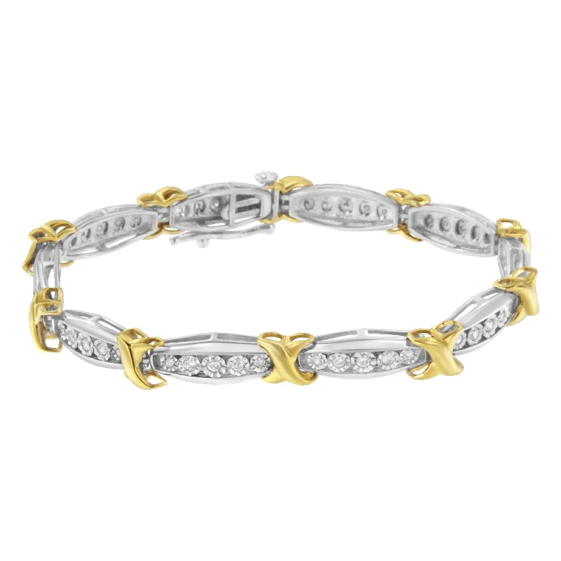 10K Yellow Gold Plated .925 Sterling Silver Two Tone 3/4 CttwDiamond X & O Link Tennis Bracelet