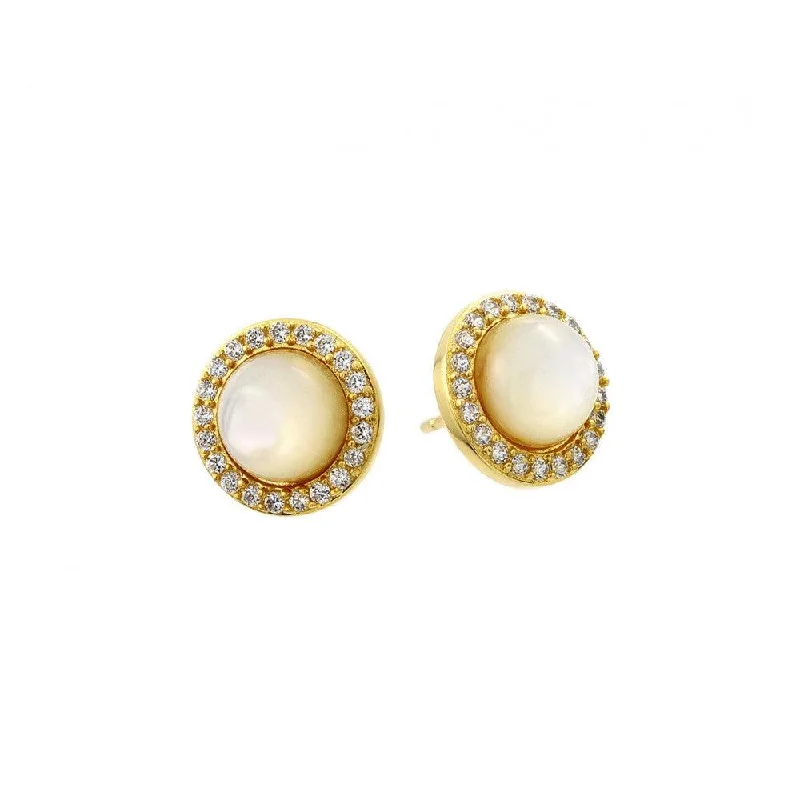 minimalistic earrings for women -Silver 925 Gold Plated Round CZ Outline Center Pearl Stud Earrings - BGE00410GP