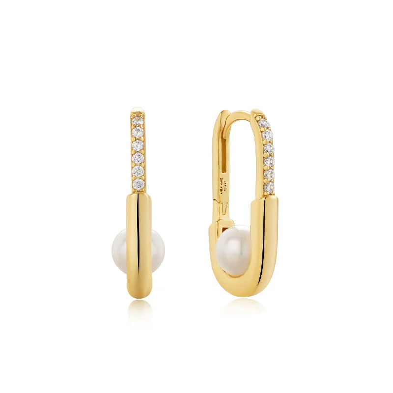 glamorous earrings for women -Gold Pearl Interlock Oval Hoop Earrings