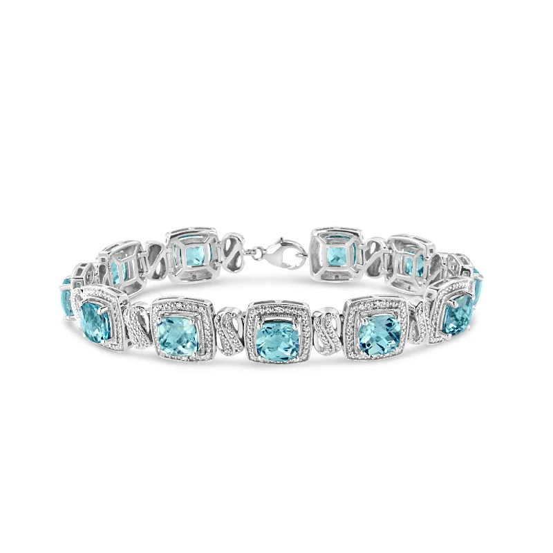 .925 Sterling Silver 7x7 mm Cushion Cut Blue Topaz and 1/10 Ctw Single Cut Diamond Square Shape Tennis Bracelet