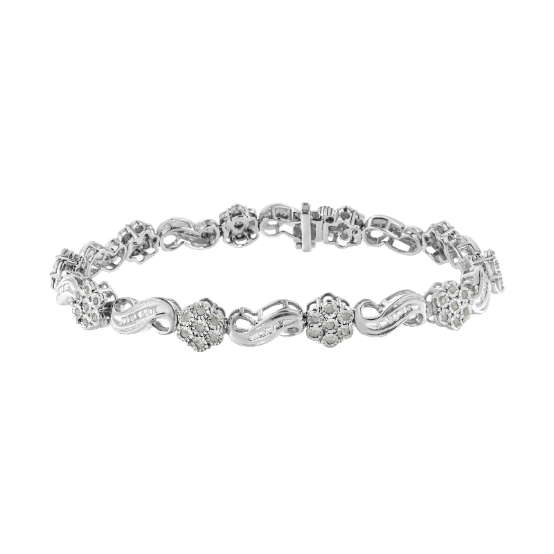 .925 Sterling Silver 1.0 Cttw Miracle and Channel Set Diamond Floral Cluster and Link Bracelet