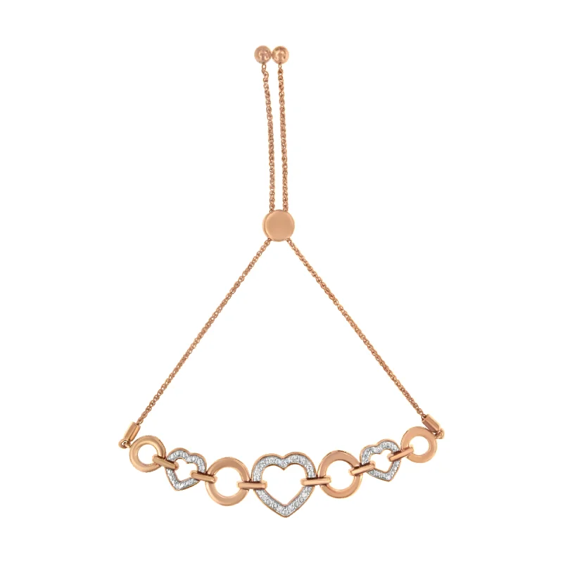 14K Rose Gold Plated .925 Sterling Silver Diamond Accent Circle and Heart Link Adjustable 6”-10” Bolo Bracelet