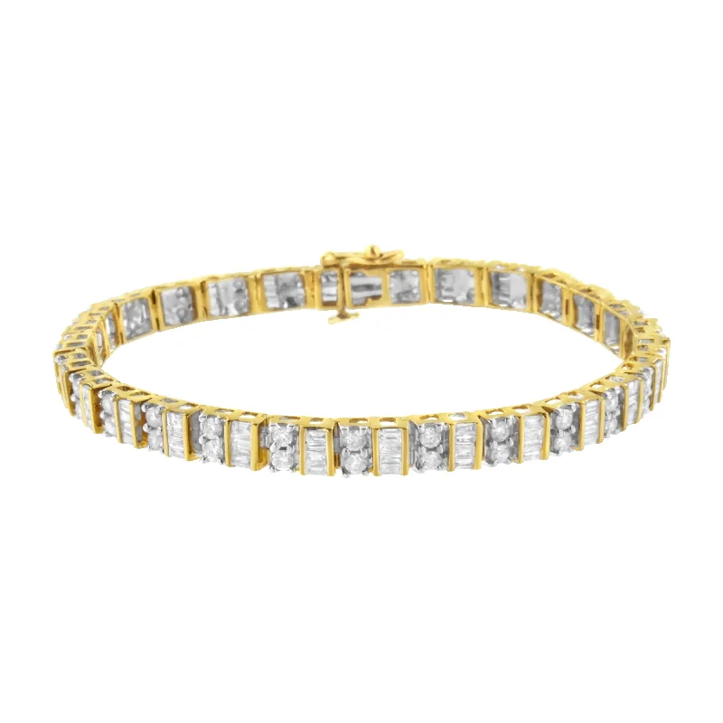 10K Yellow Gold 4.0 Cttw Alternating Baguette & Round Cut Diamond Bezel- & Prong-Set 7" Tennis Bracelet