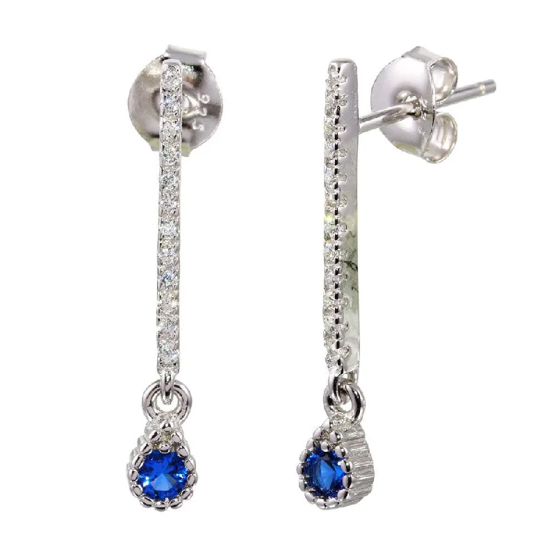 layered earrings for women -Rhodium Plated 925 Sterling Silver Blue CZ Bar Drop Earrings - BGE00557BLU