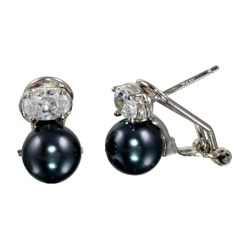 women’s silver drop earrings -Rhodium Plated 925 Sterling Silver Synthetic Gray Pearl with Oval CZ Lever Back Earrings - BGE00562