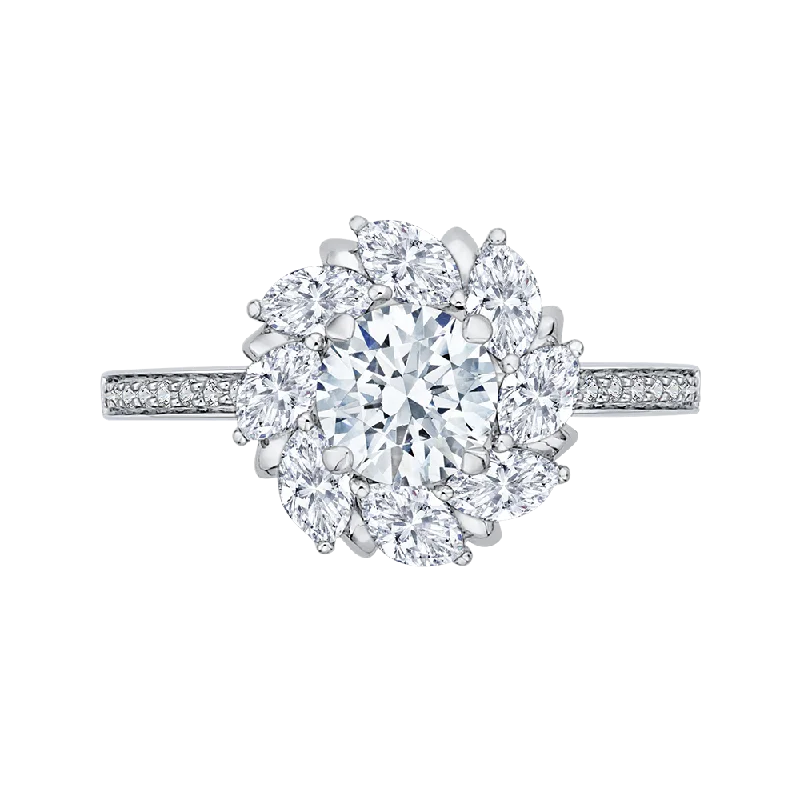 women’s engagement rings with diamonds -14K White Gold Round & Marquise Diamond Floral Engagement Ring