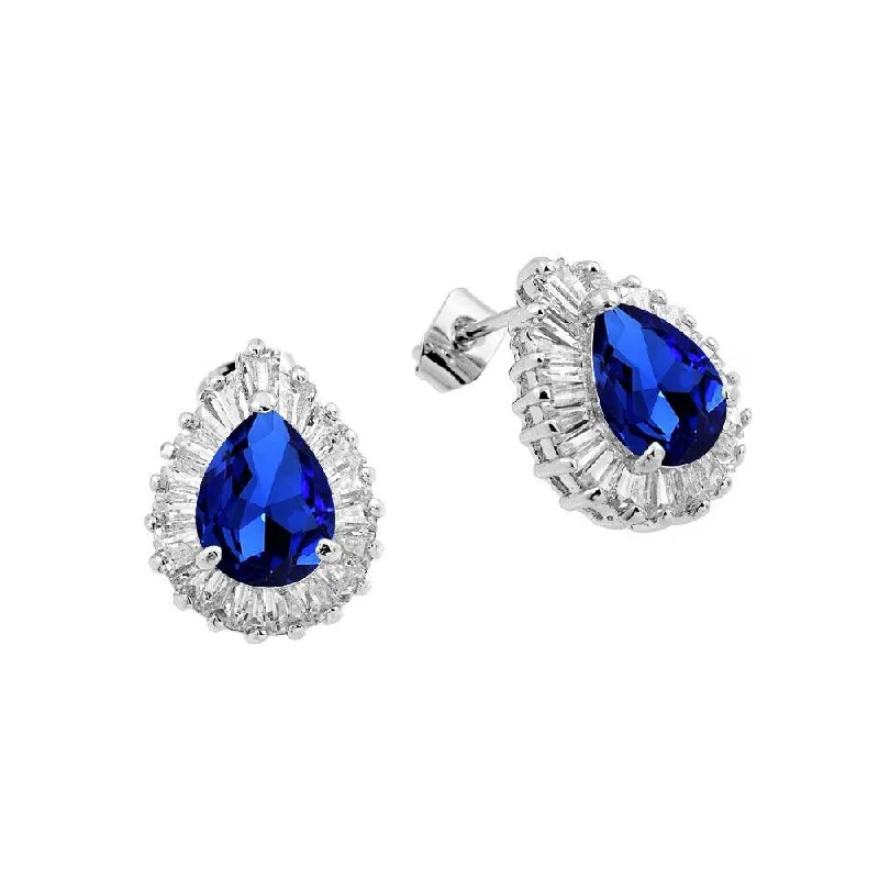 butterfly earrings for women -Silver 925 Rhodium Plated Clear and Blue Teardrop Baguette CZ Stud Earrings - BGE00337