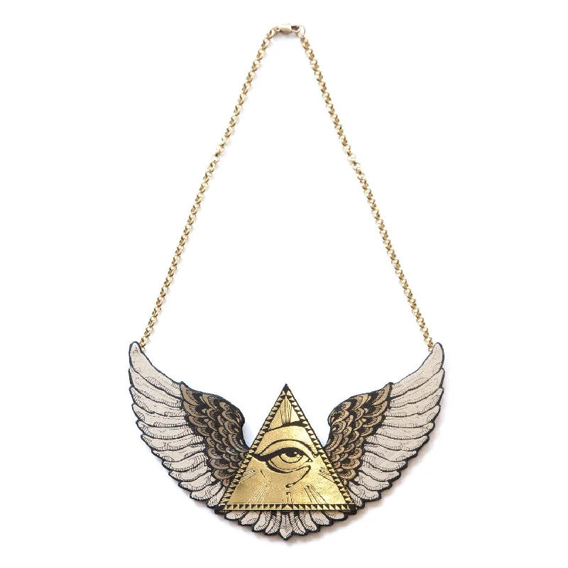 contemporary necklaces for women -WINGED ALL SEEING EYE PYRAMID . necklace