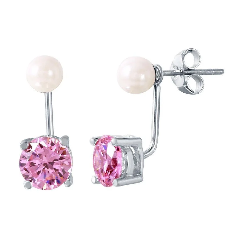 matching earrings for women -Rhodium Plated 925 Sterling Silver Pearl Pink Front and Back Earrings - STE00990OCT