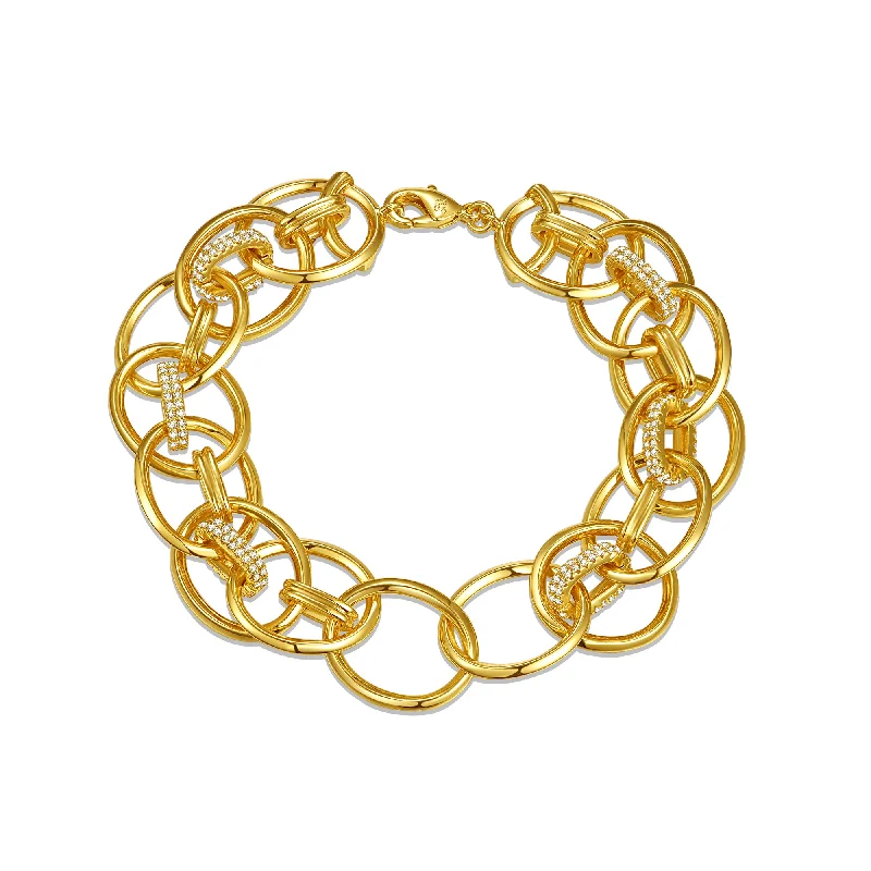 14k Yellow Gold Plated With Diamond Cubic Zirconia Double Entwined Cable Chain Bracelet