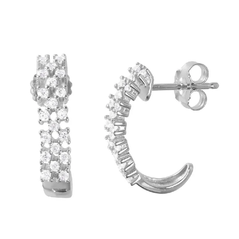 designer diamond earrings for women -Silver 925 Rhodium Plated Thin Checkered CZ Semi-huggie hoop Earrings - ACE00081RH