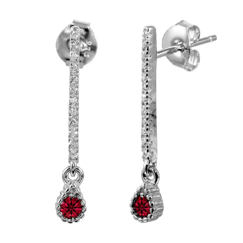 women’s crystal stud earrings -Rhodium Plated 925 Sterling Silver Red CZ Bar Drop Earrings - BGE00557RED