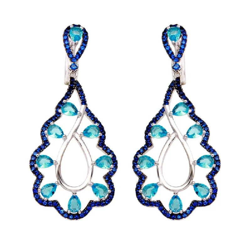 vintage-inspired earrings for women -Rhodium Plated 925 Sterling Silver Teal and Blue CZ Teardrop Earrings - BGE00582