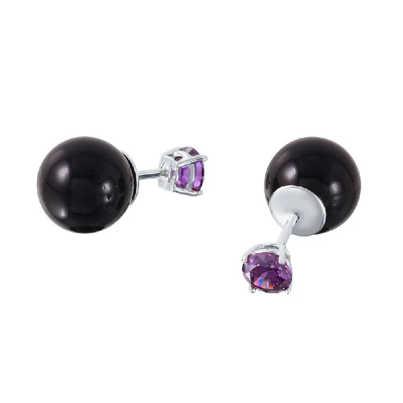 drop earrings for women -Rhodium Plated 925 Sterling Silver Purple CZ Black Synthetic Pearl Front and Back  Earrings - STE01000FEB