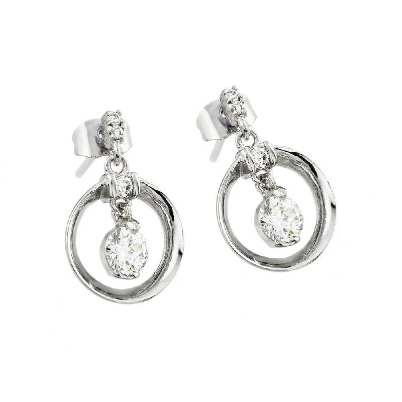 butterfly earrings for women -Silver 925 Rhodium Plated Open Circle Round CZ Dangling Stud Earrings - BGE00227