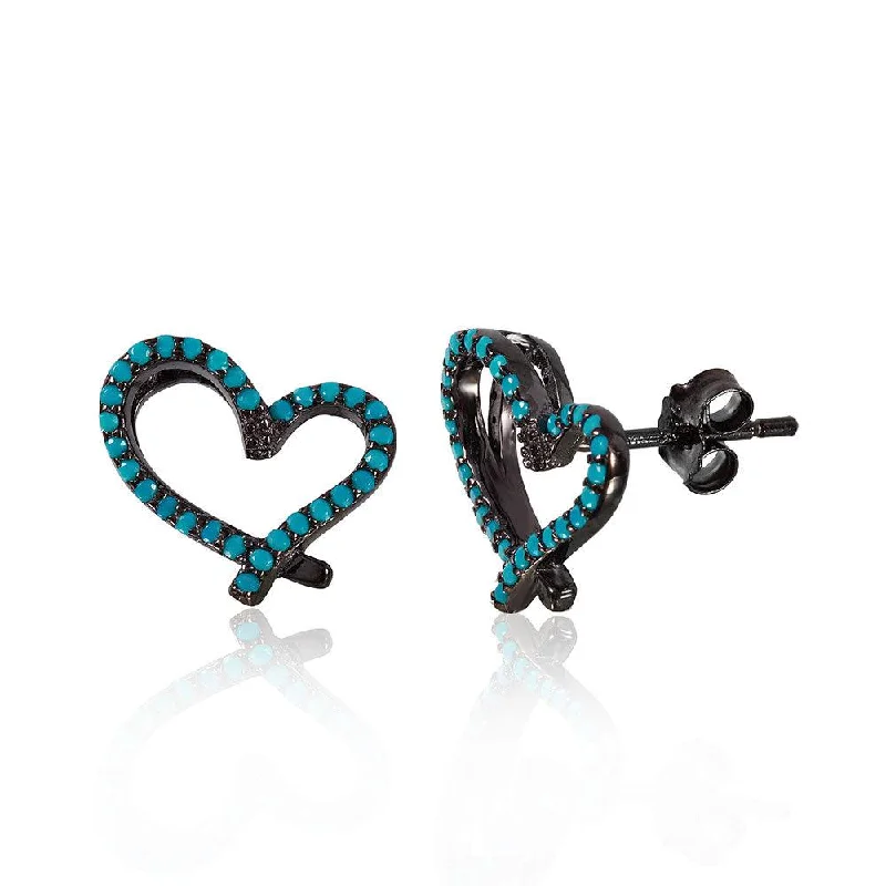 twisted earrings for women -Silver 925 Black Rhodium Plated Open Heart Stud Earrings With Synthetic Turquoise Stone - STE01051