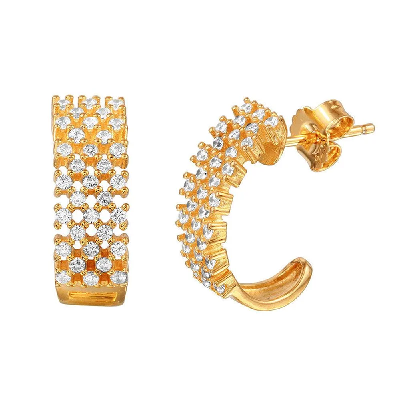 stud earrings for women -Silver 925 Gold Plated Checkered CZ Semi-huggie hoop Earrings - ACE00082GP