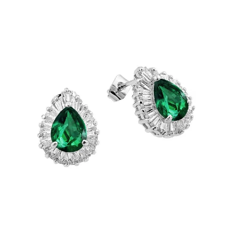 chic earrings for women -Silver 925 Rhodium Plated Clear and Green Teardrop Baguette CZ Stud Earrings - BGE00338