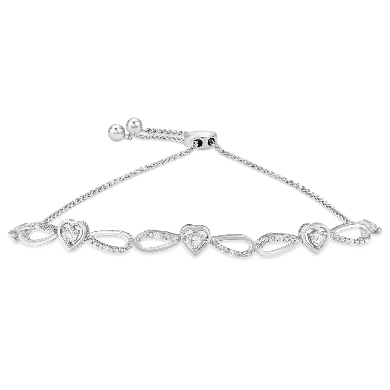 .925 Sterling Silver 1/10 Cttw Diamond Triple Heart-in-Infinity Bolo Style Adjustable Bracelet