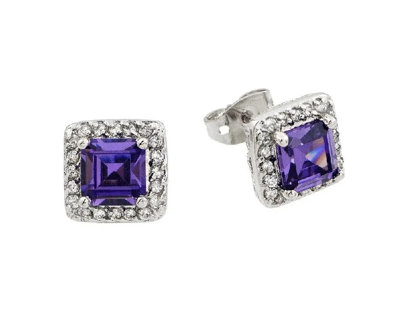 large hoop earrings for women -Silver 925 Rhodium Plated Purple Square CZ Stud Earrings - BGE00359P