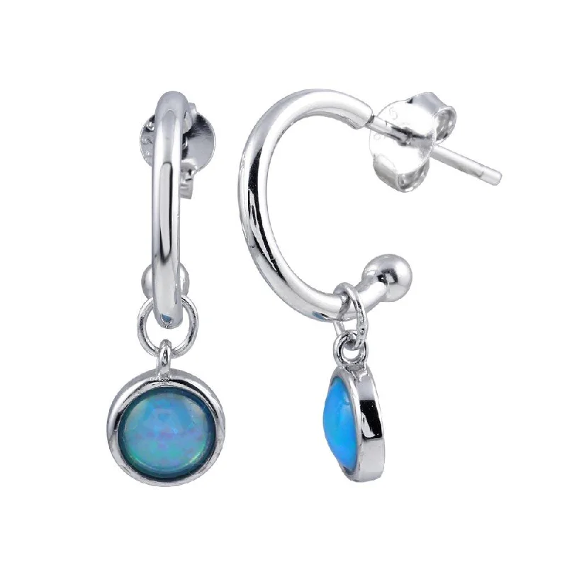 cute earrings for women -Rhodium Plated 925 Sterling Silver Semi Hoop Dangling Blue Opal Earring - STE01223BLUE