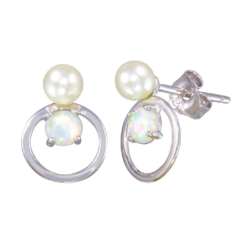 intricate design earrings for women -Rhodium Plated 925 Sterling Silver Open Circle Stud Earrings with Synthetic Pearl and Opal - STE01188