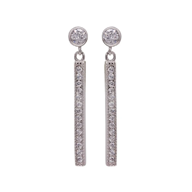 chic earrings for women -Silver 925 Rhodium Plated Round Clear CZ Rectangular Dangling Stud Earrings - STE00956