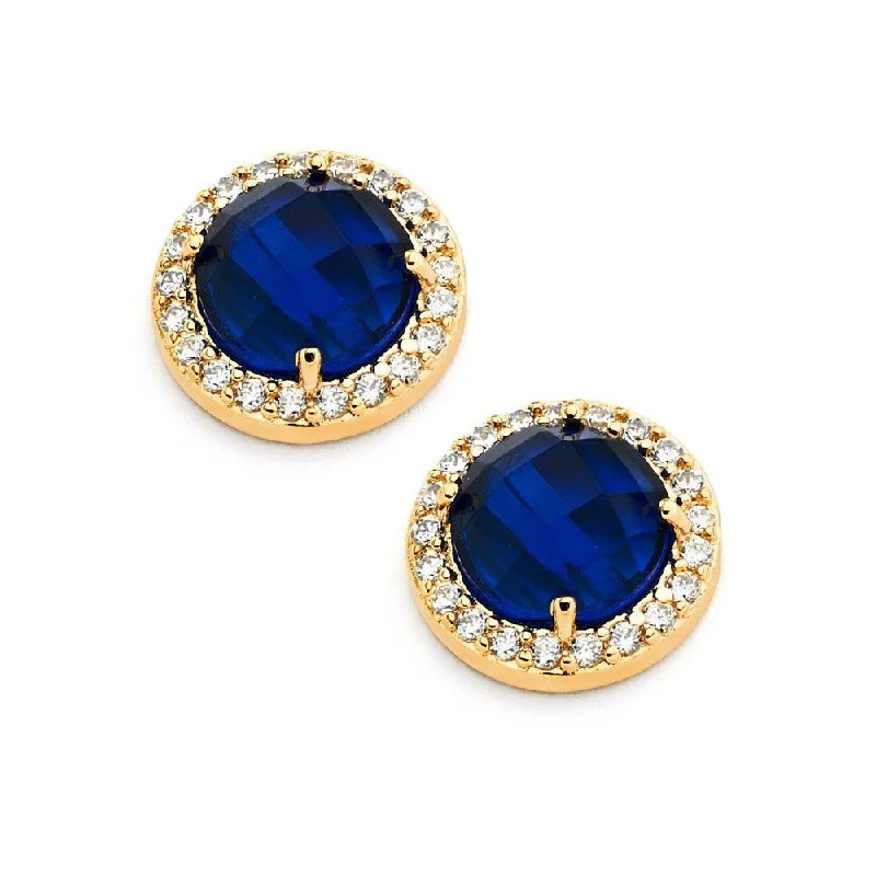 cute earrings for women -Silver 925 Gold Plated Blue Center Clear Outline CZ Stud Earrings - BGE00360B