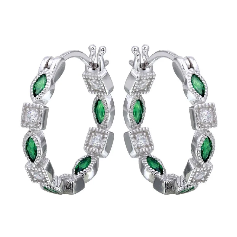 fashion earrings for women -Rhodium Plated 925 Sterling Silver Inner and Outer Green Clear CZ Hoop Earrings - STE01122GRN