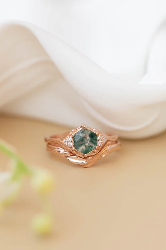 radiant engagement rings -Moss agate bridal ring set, nature inspired engagement ring set with diamonds / Roma