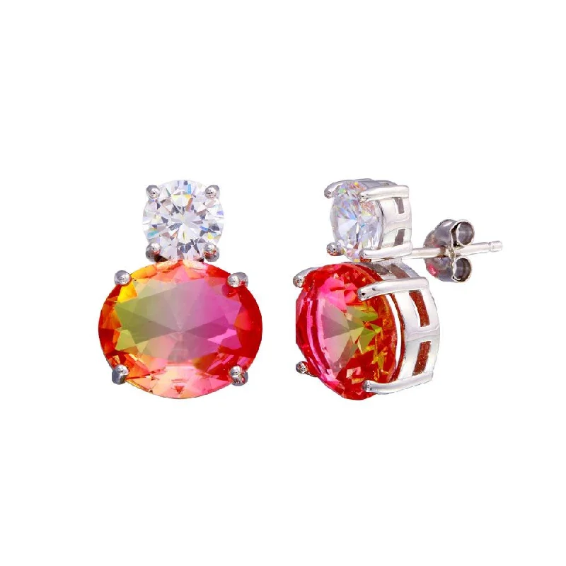 bold earrings for women -Rhodium Plated 925 Sterling Silver Drop Clear and Peach CZ  Stud Earrings - STE01205