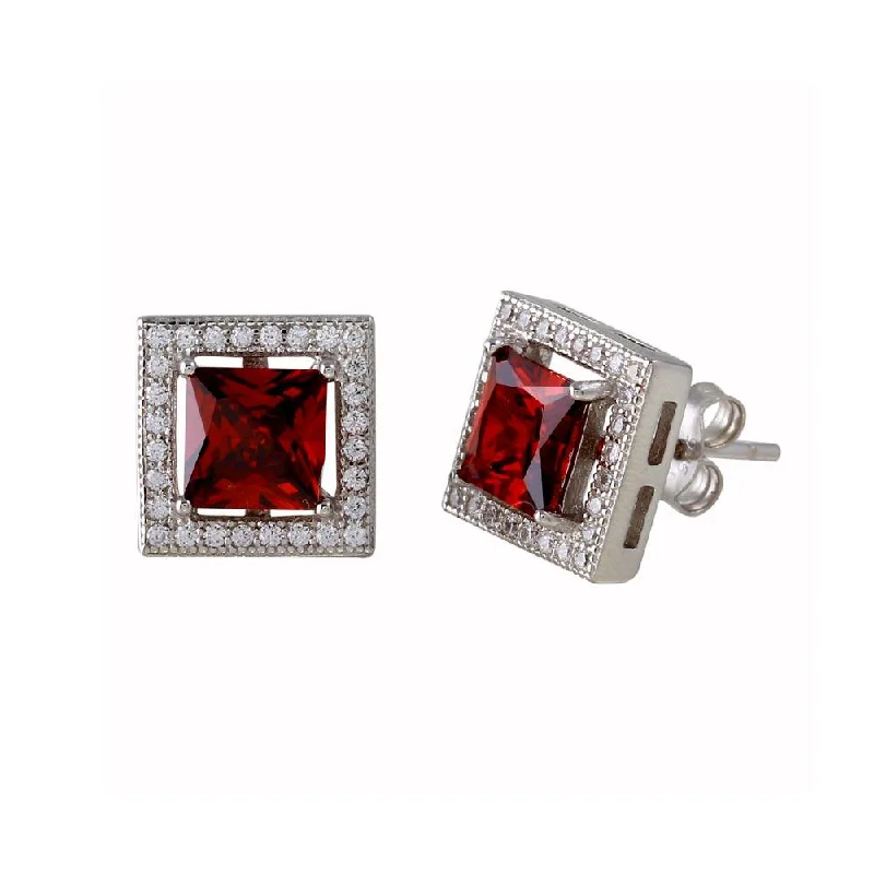 geometric stud earrings for women -Rhodium Plated 925 Sterling Silver Red Halo Square CZ Stud Earrings - BGE00632RED