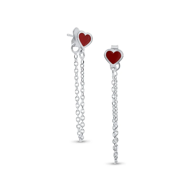 bold earrings for women -Rhodium Plated 925 Sterling Silver Dangling Heart Red Enamel Stud Earrings - ITE00096-RH