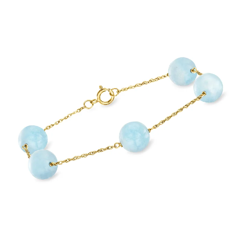 Ross-Simons Aquamarine Bead Station Bracelet in 14kt Yellow Gold