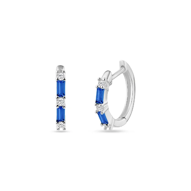 sapphire earrings for women -Sterling Silver Rhodium Plated Blue CZ Huggie Hoop Earring 13.2mm - STE01331-BLUE