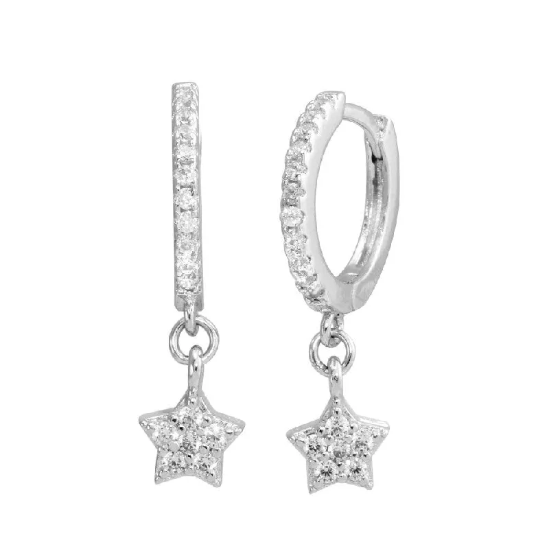 gold hoop earrings for women -Rhodium Plated 925 Sterling Silver Dangling CZ Star huggie hoop Earrings - STE01213