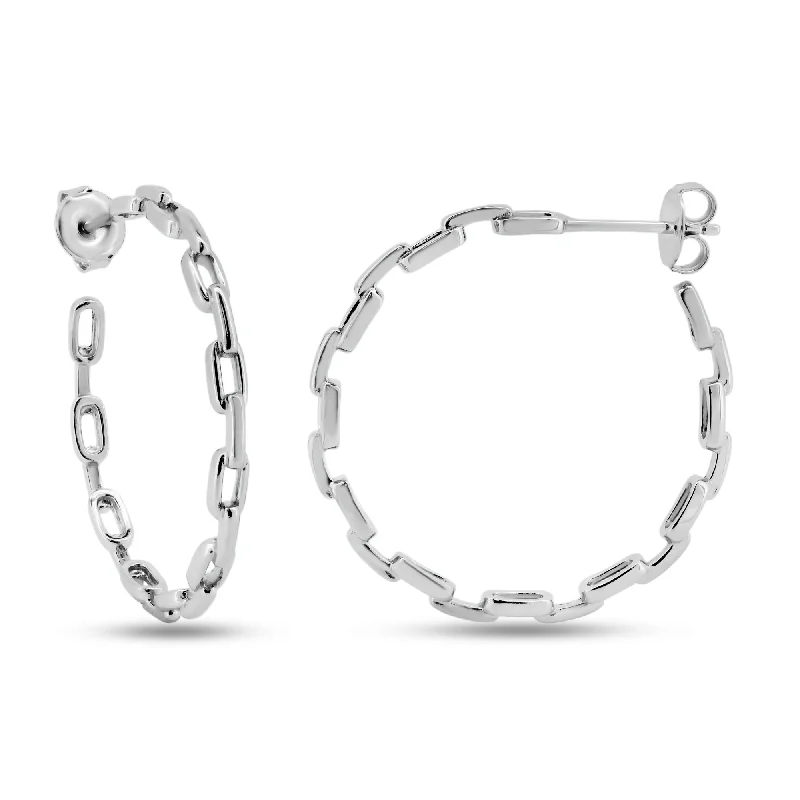 bold earrings for women -Rhodium Plated 925 Sterling Silver Link Design Semi Hoop Earrings - GME00127