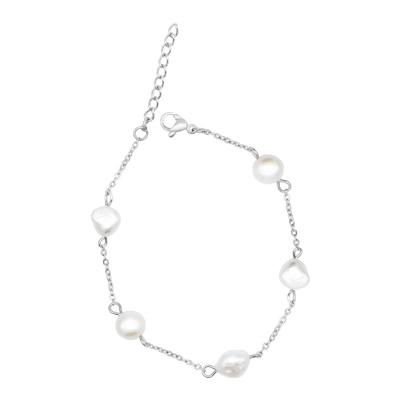 Tarnish Resistant Silver Plated Adjustable Station Freshwater Pearl Bracelet