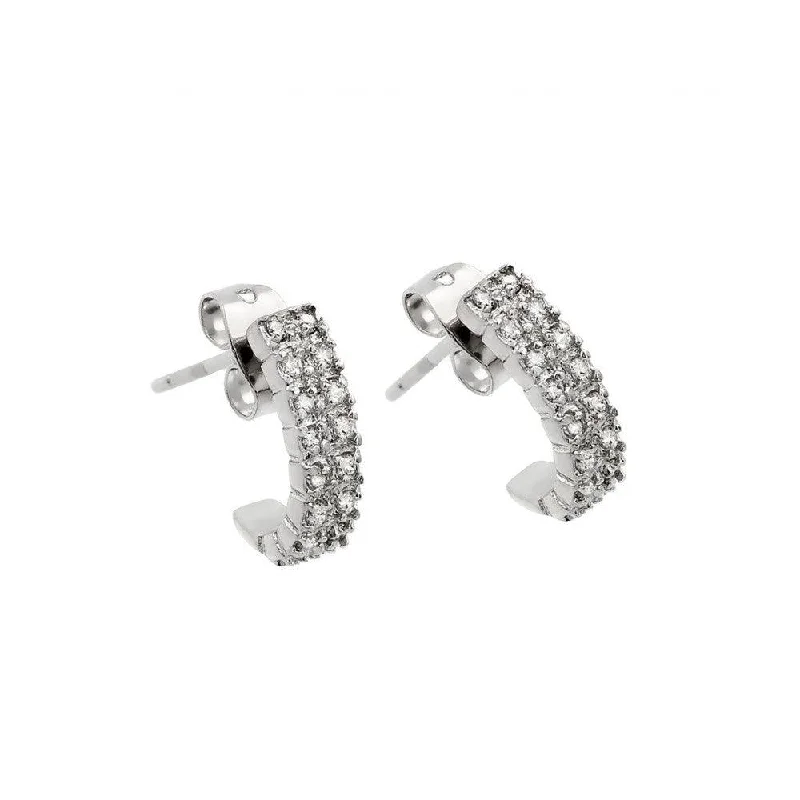 bold earrings for women -Silver 925 Rhodium Plated Crescent Clear CZ Inlay Semi-huggie hoop Earrings - BGE00398