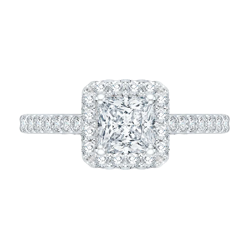 emerald cut engagement rings for women -Princess Cut Diamond Halo Engagement Ring with 14K White Gold