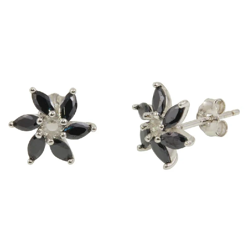 vintage earrings for women -Rhodium Plated 925 Sterling Silver Black 6 Petal Flower Stud Earrings - STE01091