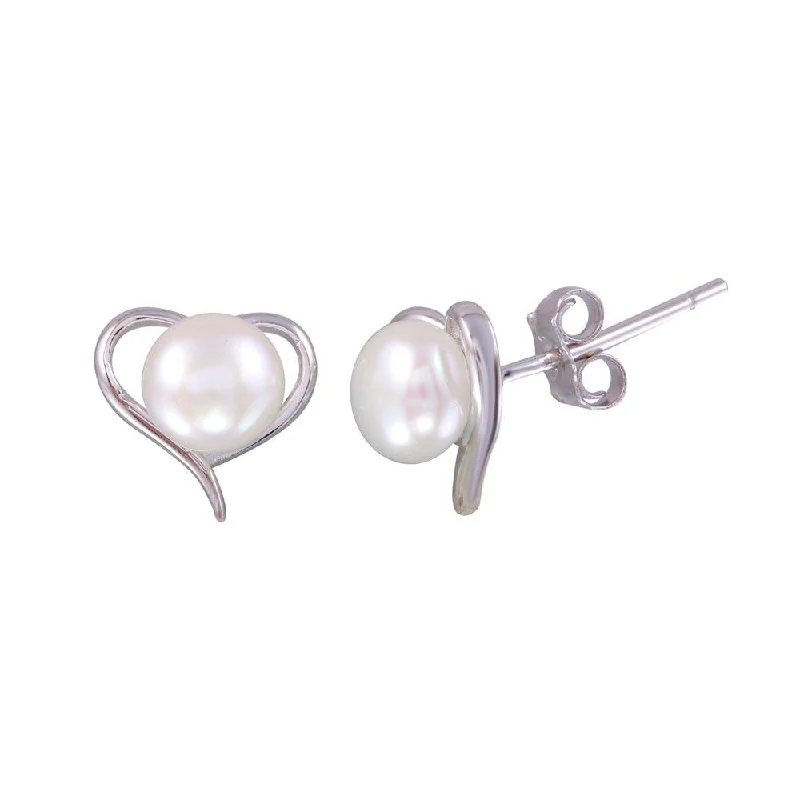 women’s trendy drop earrings -Rhodium Plated 925 Sterling Silver Heart Stud Earrings with Synthetic Pearl - BGE00627