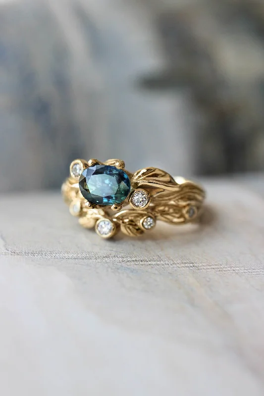 elegant engagement rings for women -Bridal ring set with teal sapphire and diamonds / Arius