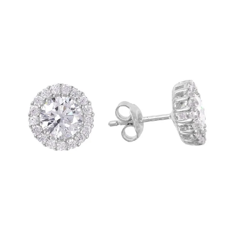 sparkling drop earrings for women -Silver 925 Rhodium Plated Round CZ Halo Stud Earrings - GME00014