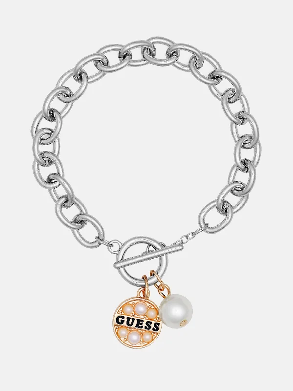 Mixed-Tone Logo & Faux-Pearl Charm Bracelet