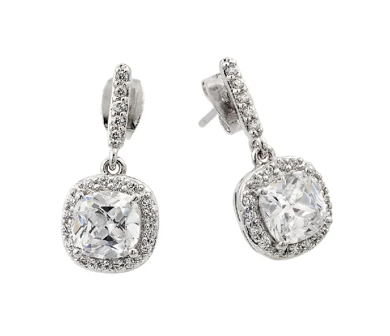 unique earrings for women -Rhodium Plated 925 Sterling Silver Hanging Square Halo CZ Earrings - BGE00430