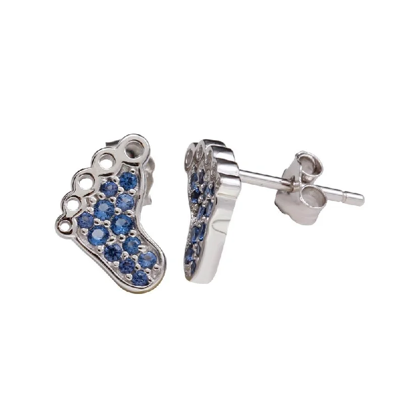 colorful gemstone earrings -Rhodium Plated 925 Sterling Silver Foot Earrings with Blue CZ - STE01157BLUE